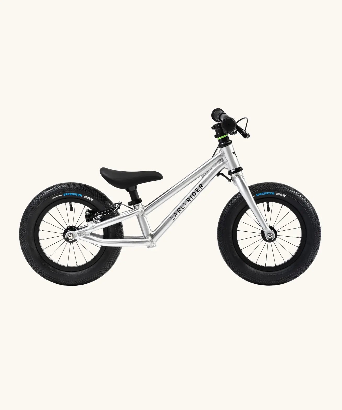 Early Rider charger balance bike with brakes in brushed aluminium.