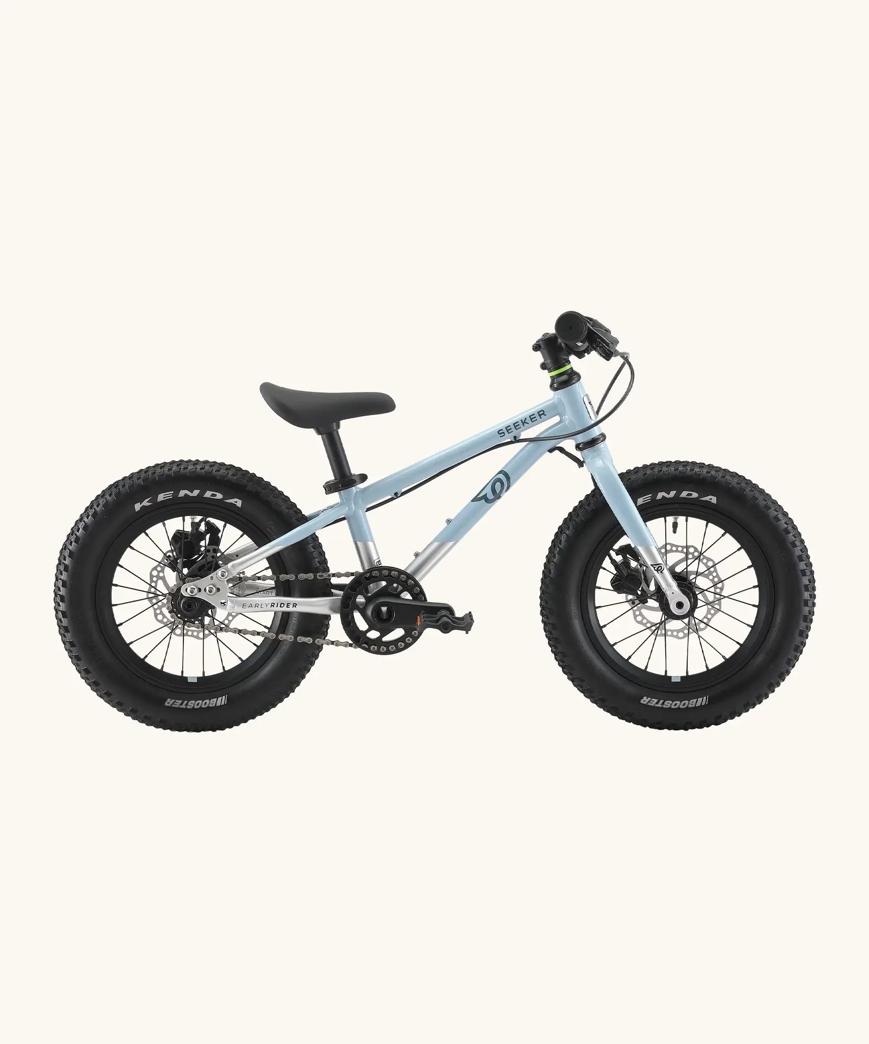 Side of Early Rider kids Seeker 14 inch mountain bike in arctic blue with a brushed aluminium bottom half frame. Features disk brakes and chunky wheels