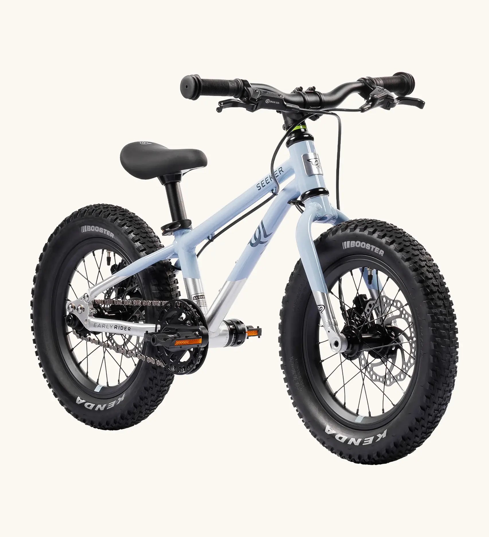 Early Rider kids Seeker 14 inch mountain bike in arctic blue with a brushed aluminium bottom half. Features disk brakes and chunky wheels