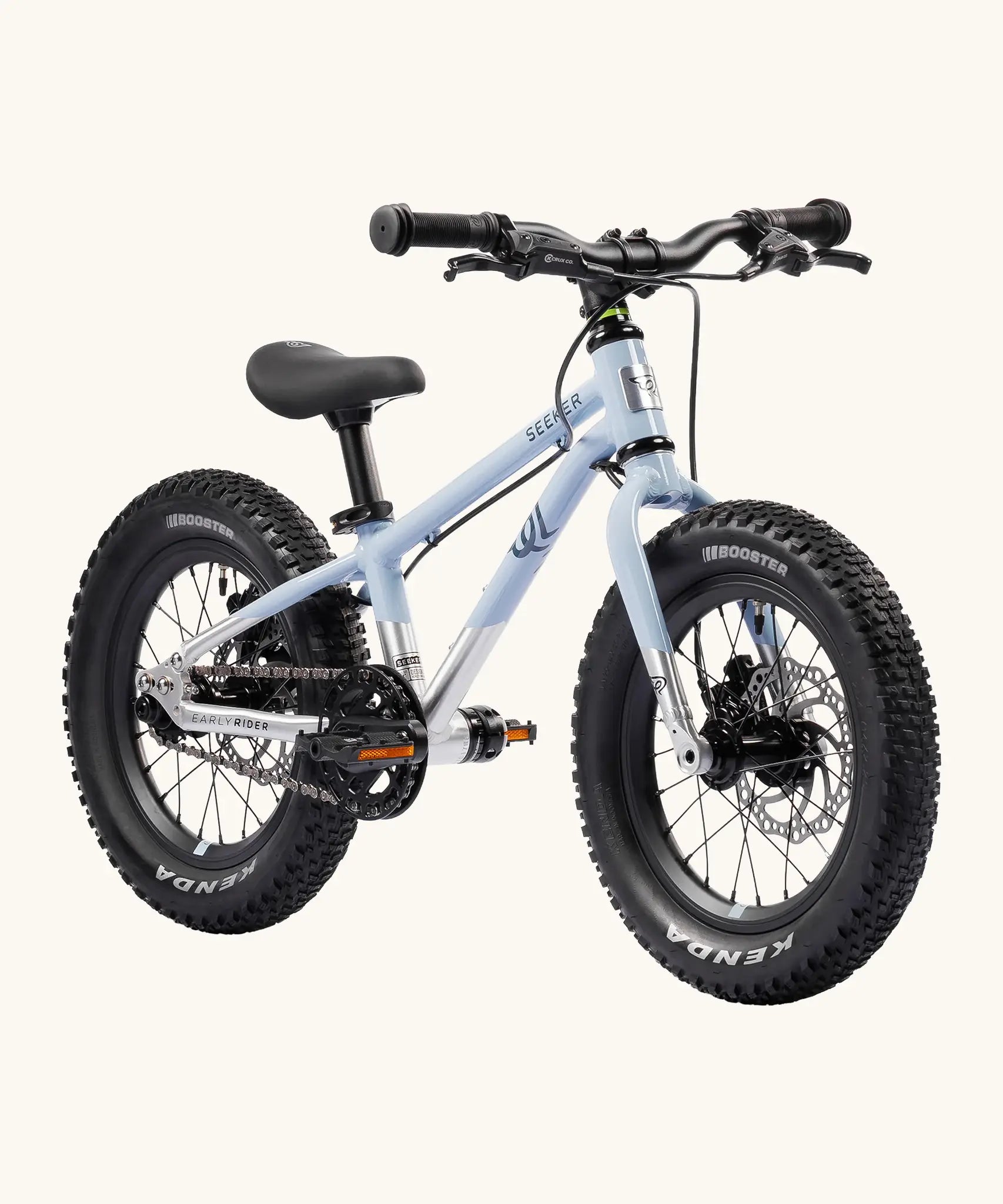 Early Rider kids Seeker 14 inch mountain bike in arctic blue with a brushed aluminium bottom half. Features disk brakes and chunky wheels