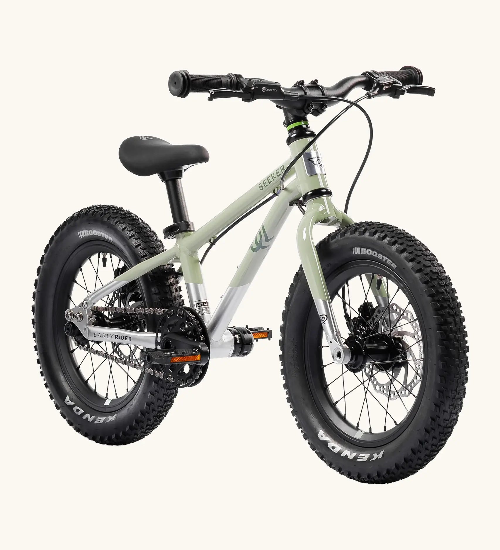 Early Rider kids Seeker 14 inch mountain bike in sage green with a brushed aluminium bottom half. Features disk brakes and chunky wheels