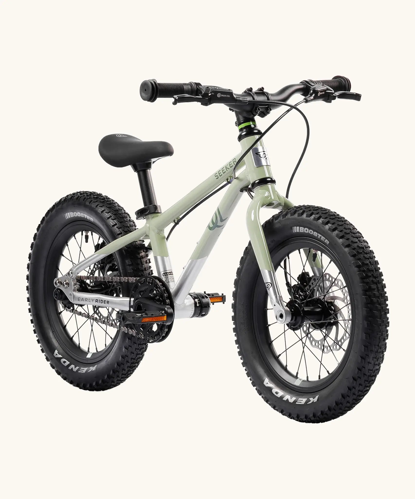 Early Rider kids Seeker 14 inch mountain bike in sage green with a brushed aluminium bottom half. Features disk brakes and chunky wheels