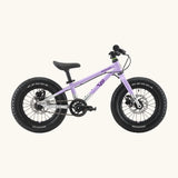 Side of Early Rider kids Seeker 14 inch mountain bike in violet haze with a brushed aluminium bottom half frame. Features disk brakes and chunky wheels