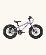 Side of Early Rider kids Seeker 14 inch mountain bike in violet haze with a brushed aluminium bottom half frame. Features disk brakes and chunky wheels