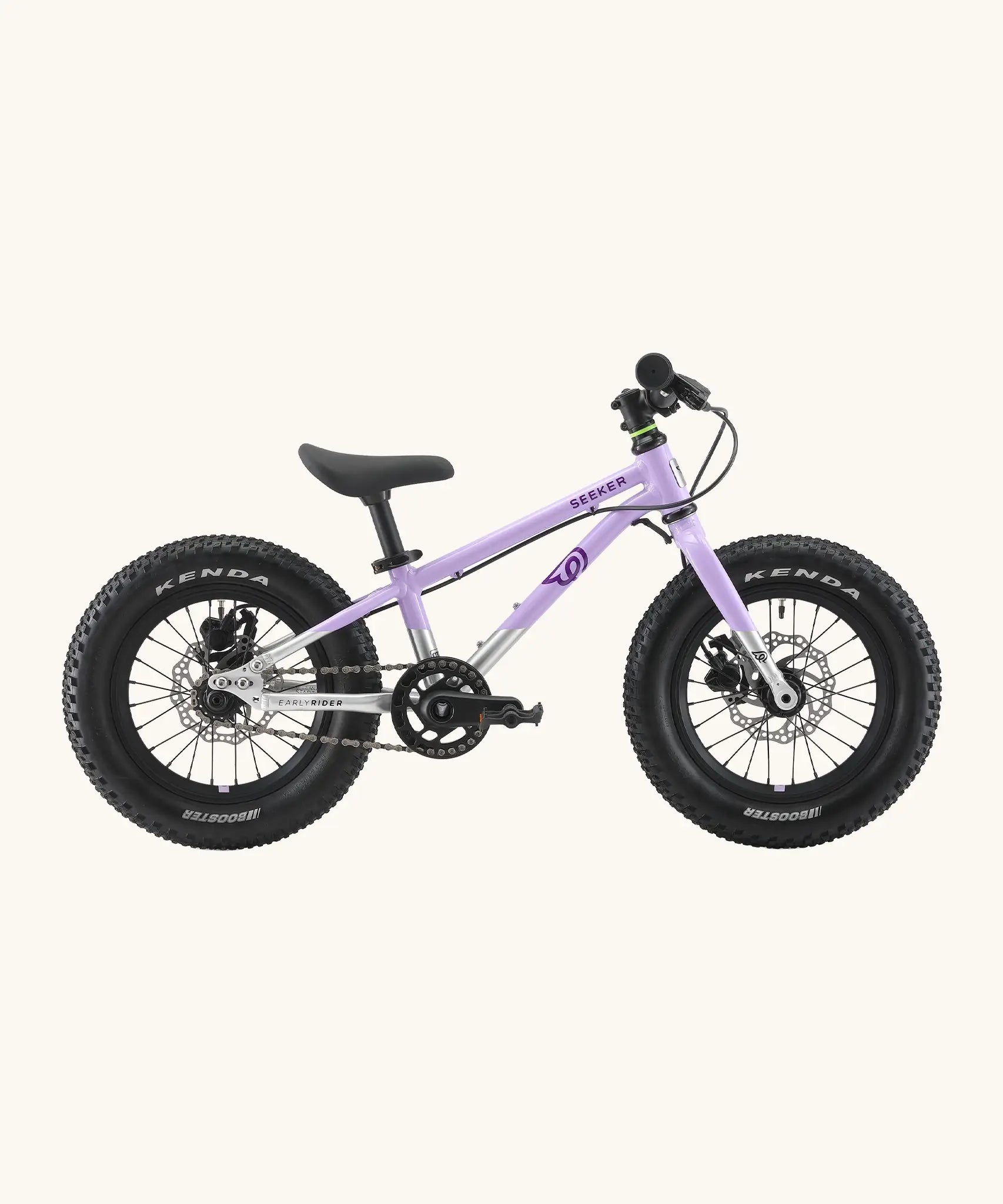 Side of Early Rider kids Seeker 14 inch mountain bike in violet haze with a brushed aluminium bottom half frame. Features disk brakes and chunky wheels