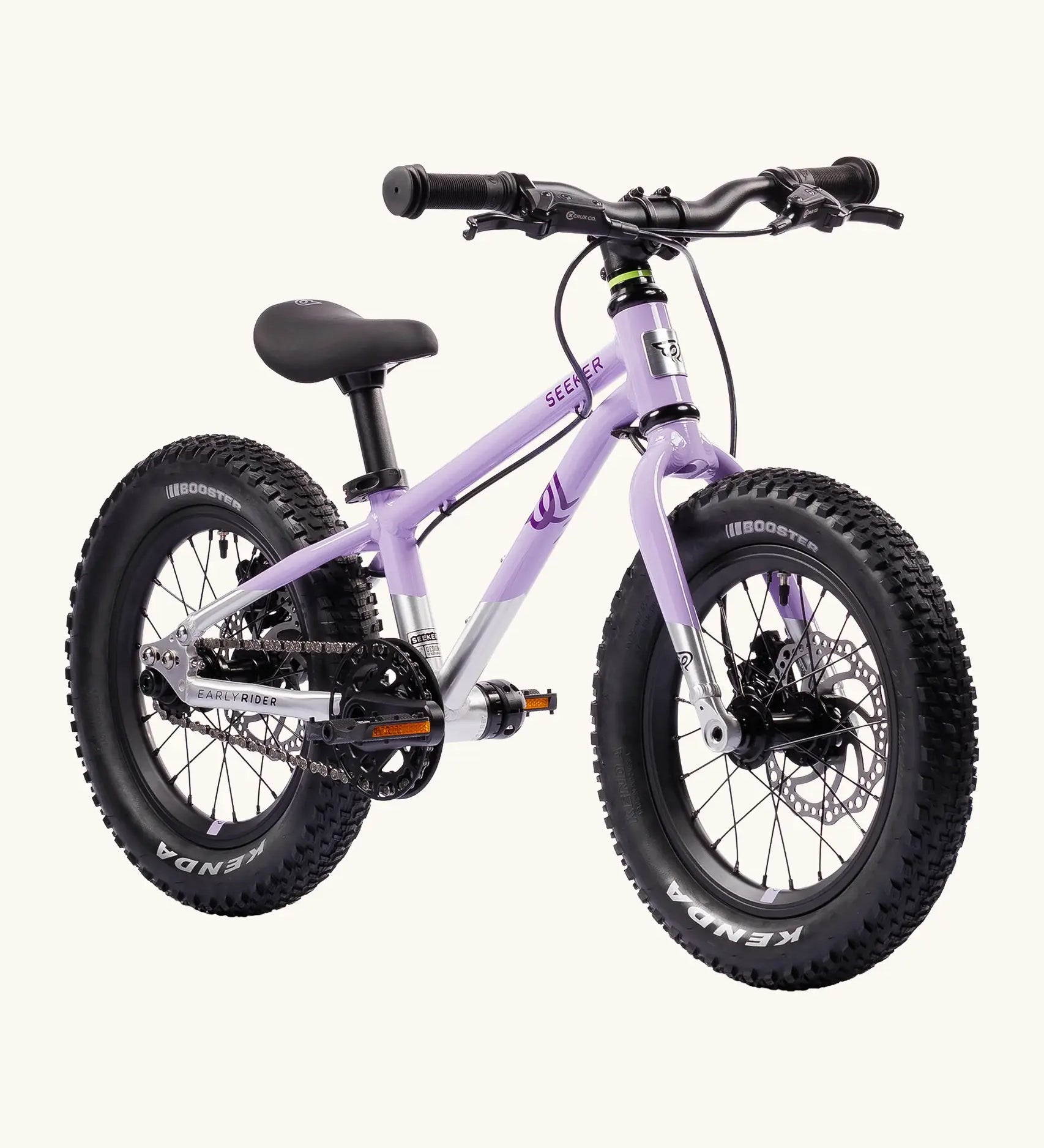 Early Rider kids Seeker 14 inch mountain bike in violet haze with a brushed aluminium bottom half. Features disk brakes and chunky wheels