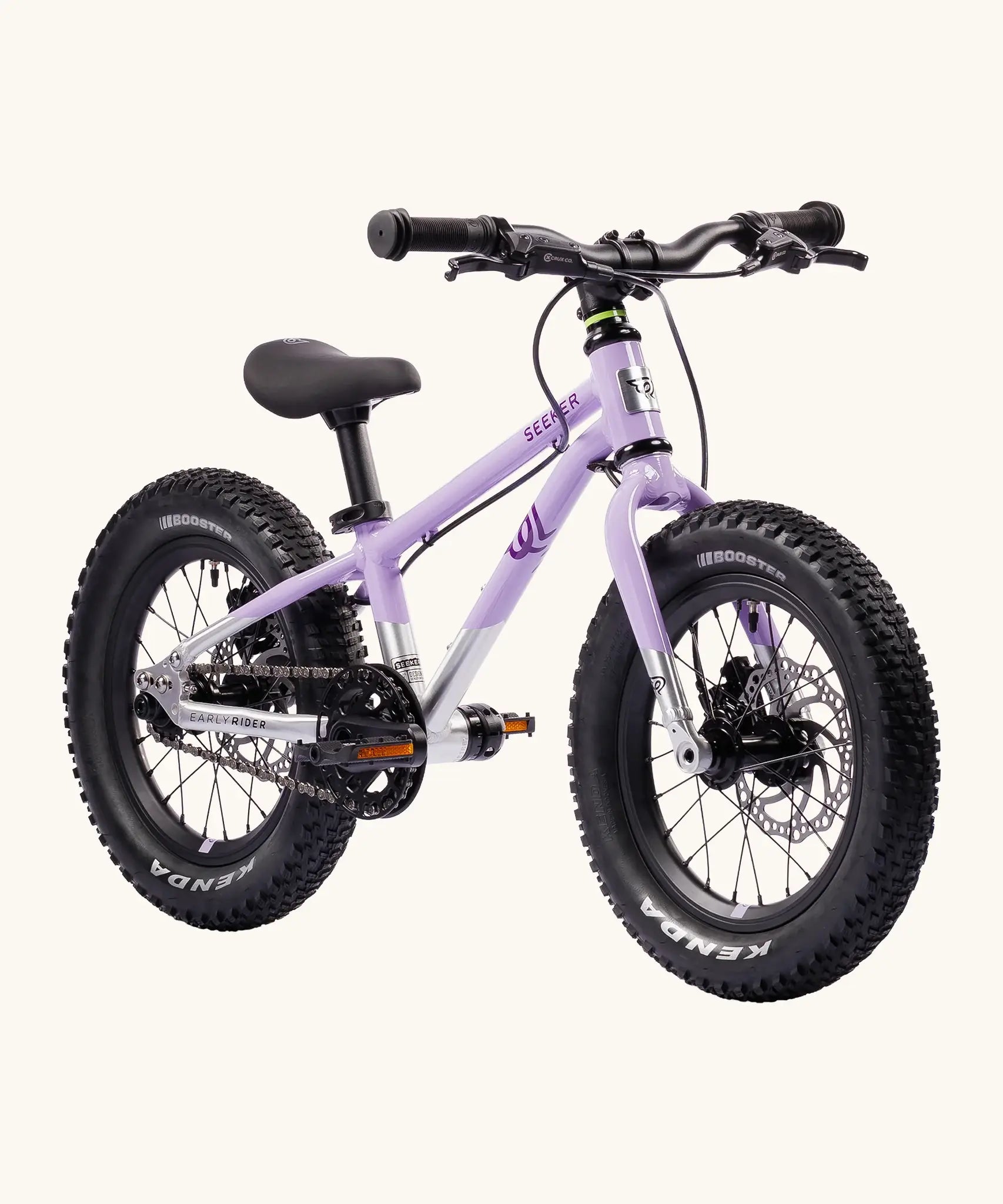 Early Rider kids Seeker 14 inch mountain bike in violet haze with a brushed aluminium bottom half. Features disk brakes and chunky wheels