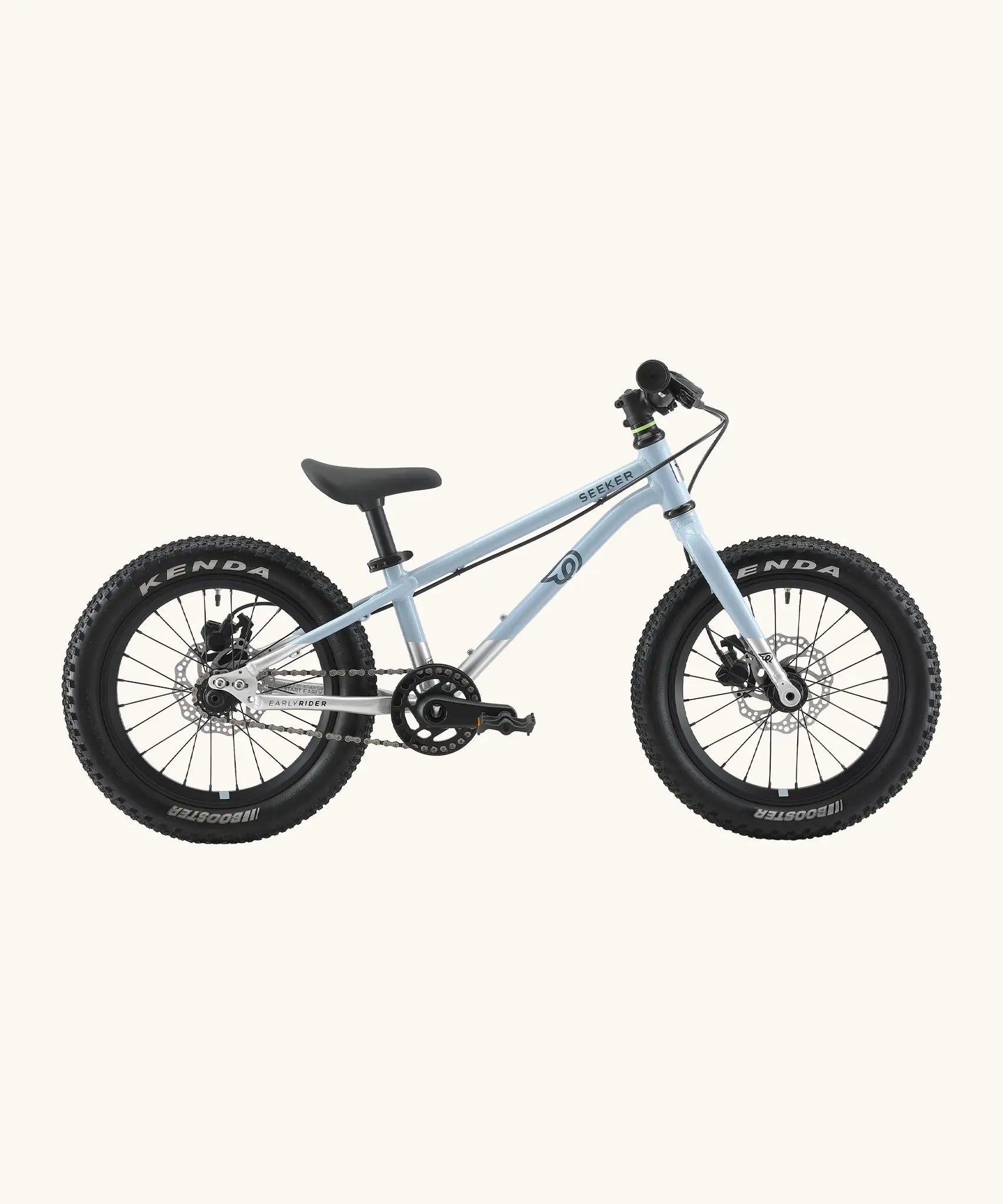 Side of Early Rider kids Seeker 16 inch mountain bike in arctic blue with a brushed aluminium bottom half frame. Features disk brakes and chunky wheels