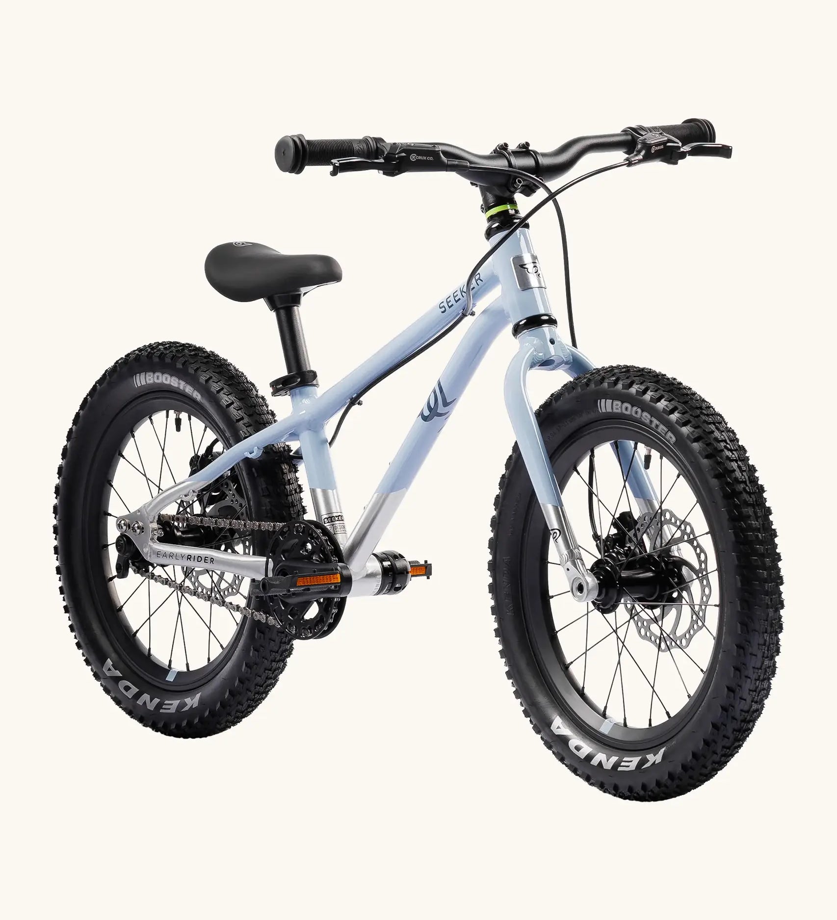 Early Rider kids Seeker 16 inch mountain bike in arctic blue with a brushed aluminium bottom half. Features disk brakes and chunky wheels