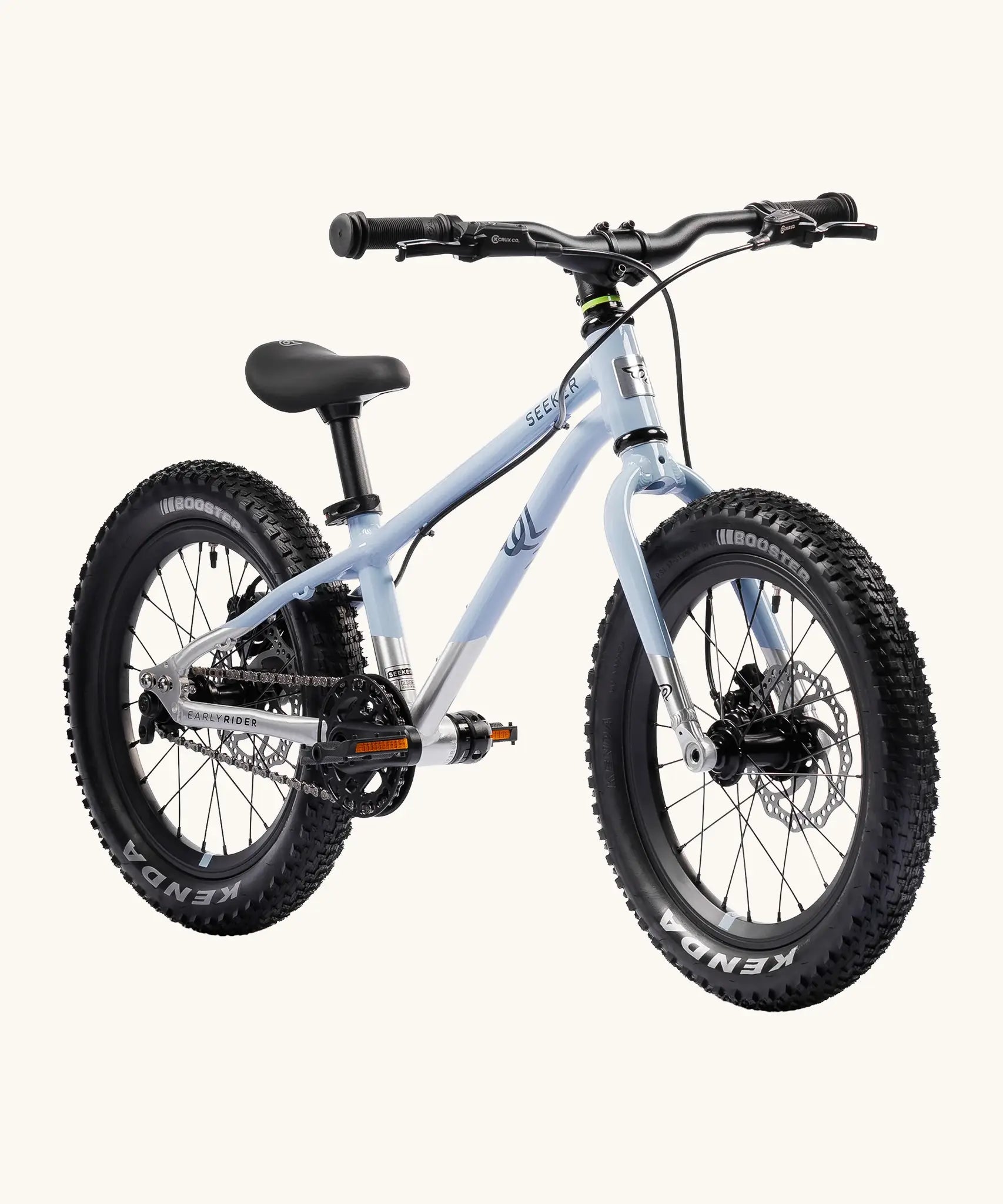 Early Rider kids Seeker 16 inch mountain bike in arctic blue with a brushed aluminium bottom half. Features disk brakes and chunky wheels