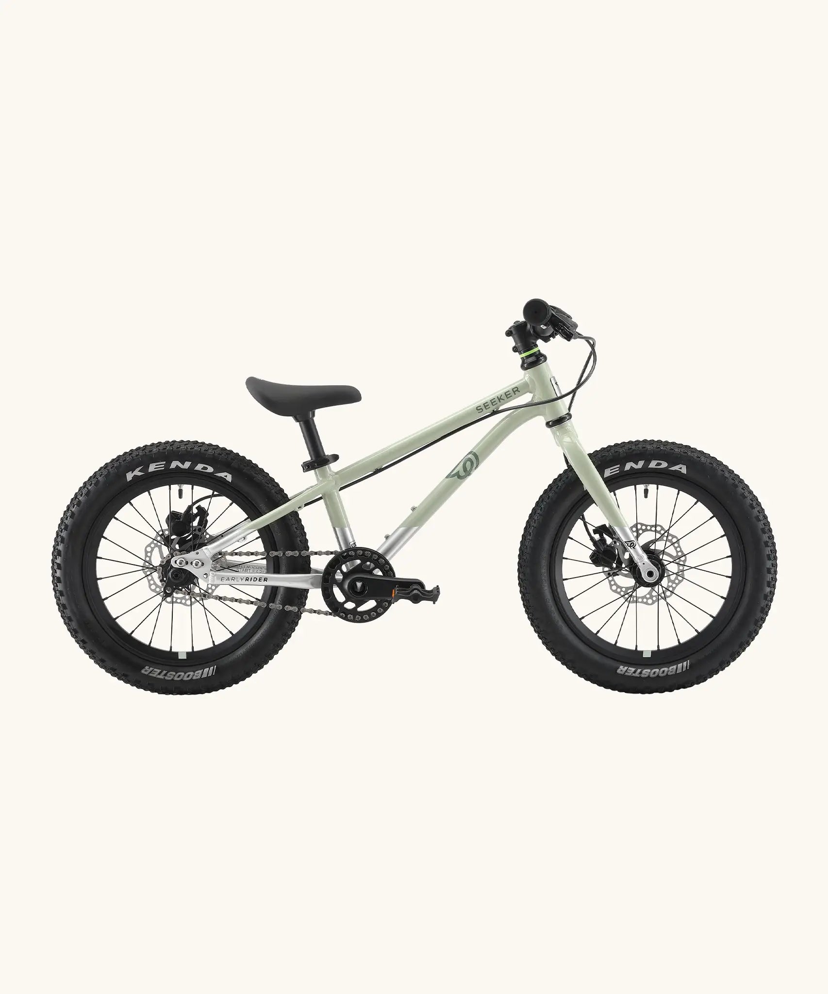 Side of Early Rider kids Seeker 16 inch mountain bike in sage green with a brushed aluminium bottom half frame. Features disk brakes and chunky wheels