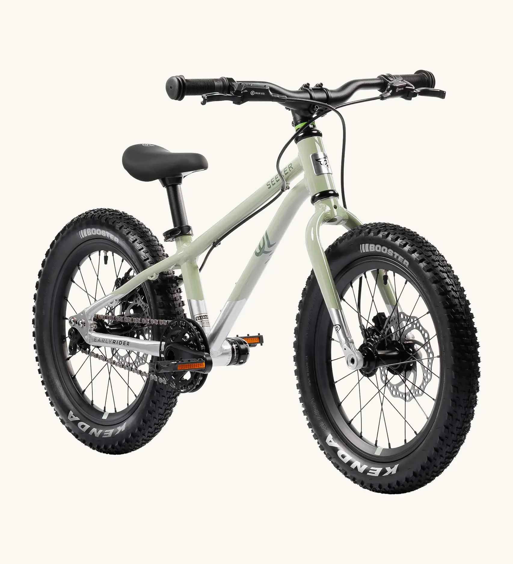 Early Rider kids Seeker 16 inch mountain bike in sage green with a brushed aluminium bottom half. Features disk brakes and chunky wheels