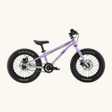 Side of Early Rider kids Seeker 16 inch mountain bike in violet haze with a brushed aluminium bottom half frame. Features disk brakes and chunky wheels