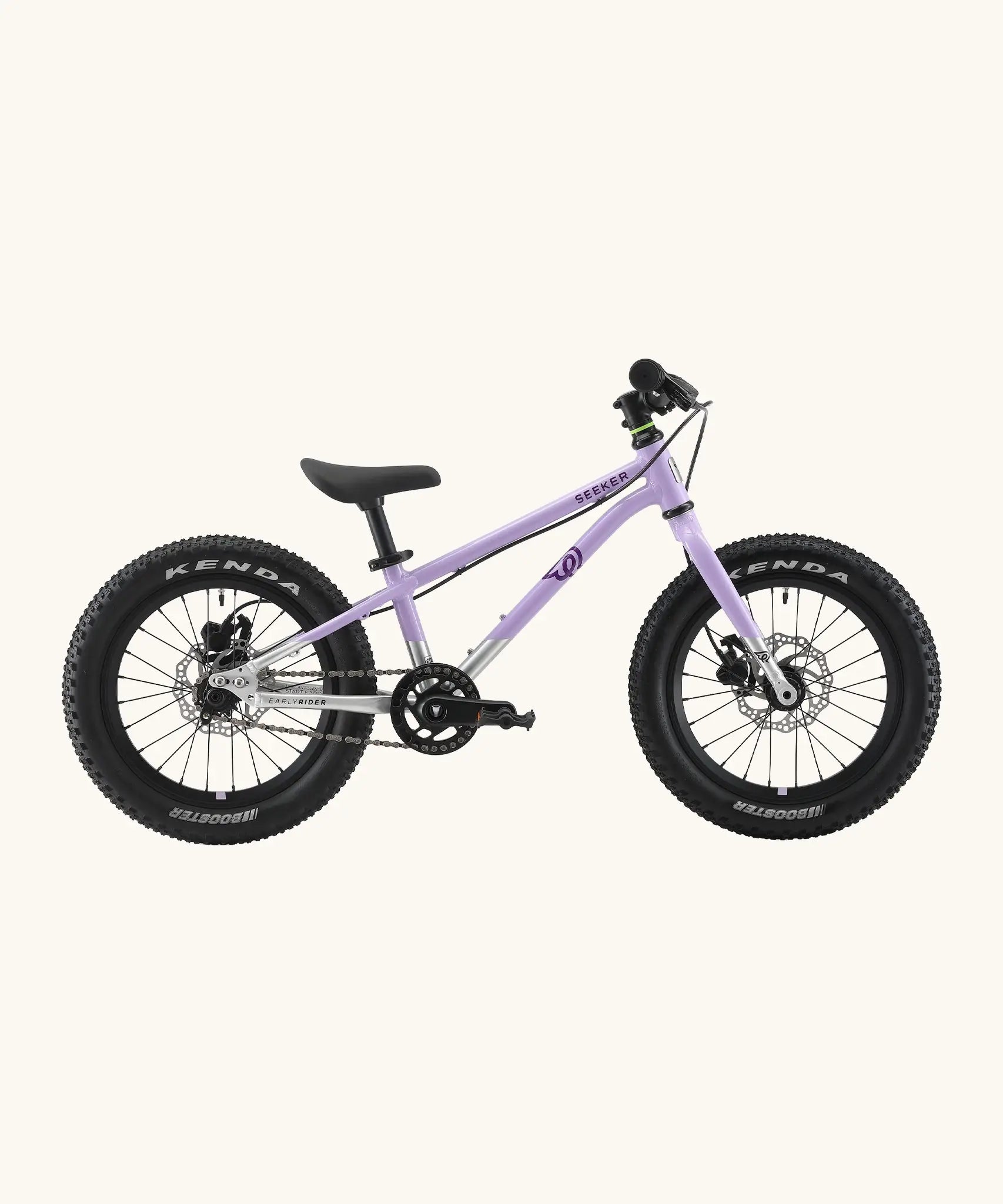 Side of Early Rider kids Seeker 16 inch mountain bike in violet haze with a brushed aluminium bottom half frame. Features disk brakes and chunky wheels