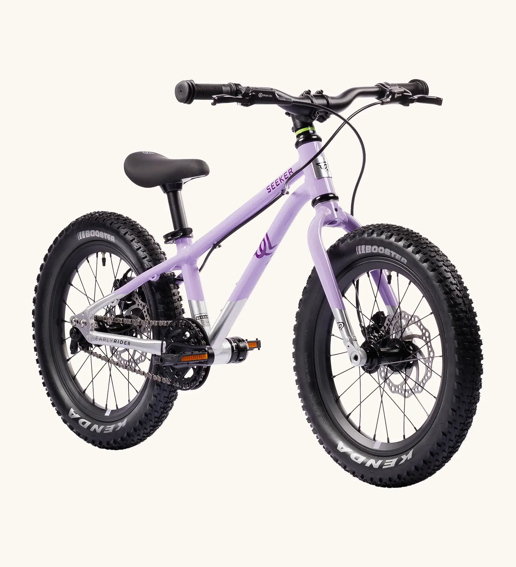 Early Rider kids Seeker 16 inch mountain bike in violet haze with a brushed aluminium bottom half. Features disk brakes and chunky wheels