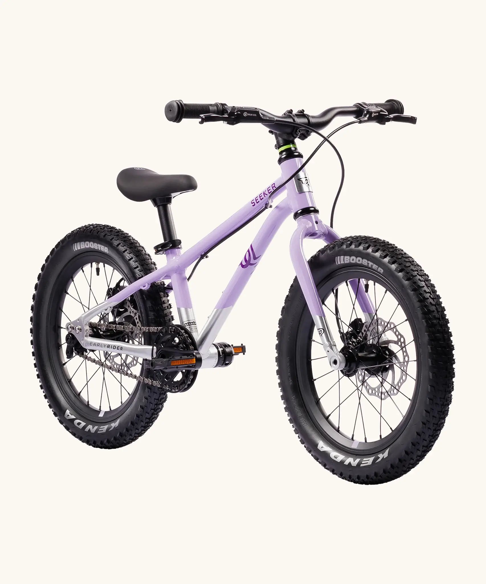 Early Rider kids Seeker 16 inch mountain bike in violet haze with a brushed aluminium bottom half. Features disk brakes and chunky wheels