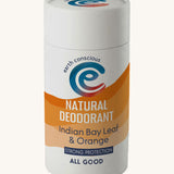 A 90g stick of natural deodorant by Earth Conscious, in an Indian Bay Leaf & Orange scent. 