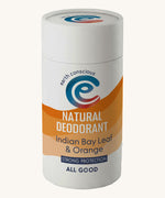 A 90g stick of natural deodorant by Earth Conscious, in an Indian Bay Leaf & Orange scent. 