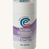 A 90g stick of natural deodorant by Earth Conscious, in a Lavender and Tea Tree scent.