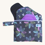 Earthwise starter kit includes 4 reusable period pads and a coordinating mini wet bag purse in Charcoal Flowers print.