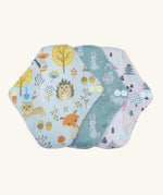 Three Earthwise reusable period pads in cute woodland prints.