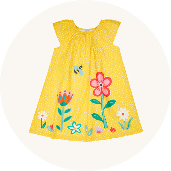 Spring themed dress in yellow with flowers on to represent easter clothing for kids