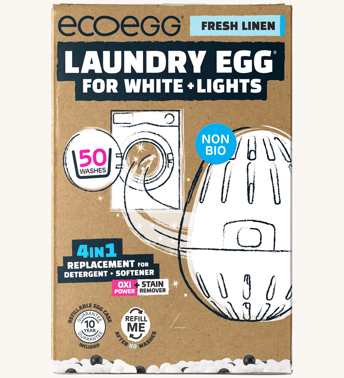 Eco-egg laundry egg for whites & lights in fresh linen fragrance. Showing the product in a sketch style with branding on the brown recycled cardboard box