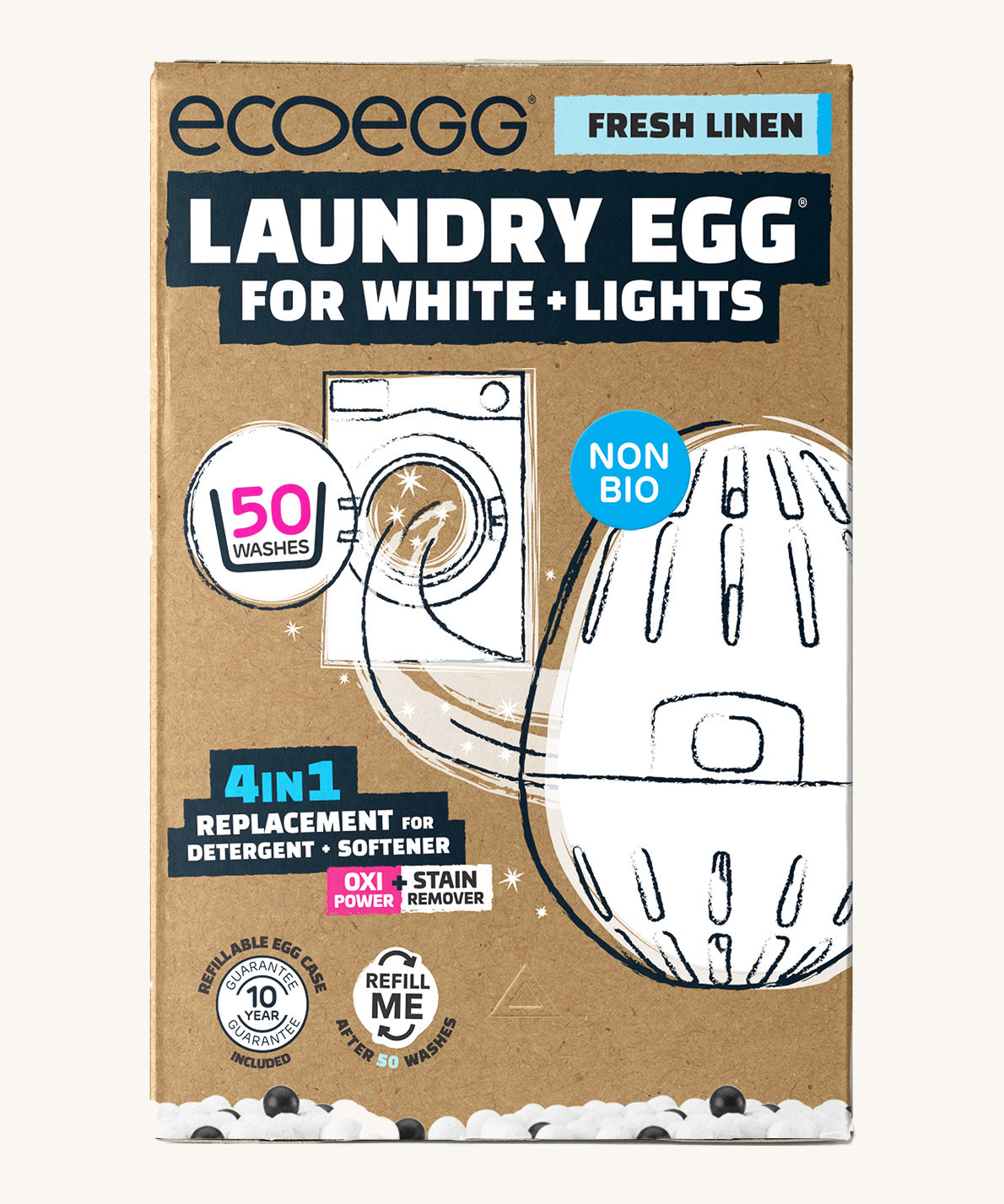 Eco-egg laundry egg for whites & lights in fresh linen fragrance. Showing the product in a sketch style with branding on the brown recycled cardboard box