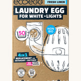 Eco-egg laundry egg for whites & lights in fresh linen fragrance. Showing the product in a sketch style with branding on the brown recycled cardboard box