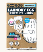 Eco-egg laundry egg for whites & lights in fresh linen fragrance. Showing the product in a sketch style with branding on the brown recycled cardboard box