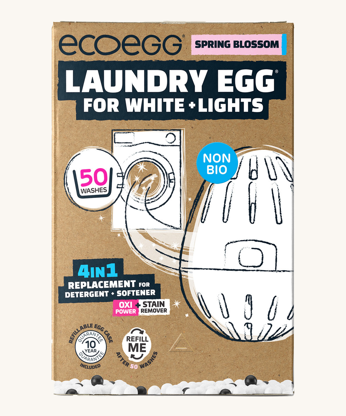 Eco-egg laundry egg for whites & lights in spring blossom fragrance. Showing the product in a sketch style with branding on the brown recycled cardboard box