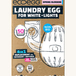 Eco-egg laundry egg for whites & lights in spring blossom fragrance. Showing the product in a sketch style with branding on the brown recycled cardboard box