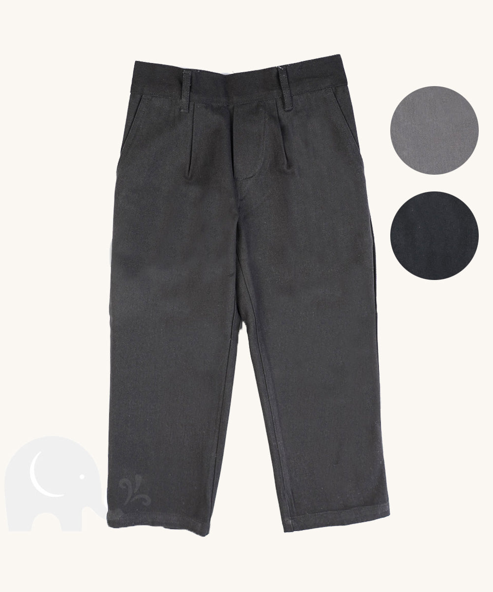 The Eco Outfitters boy's fit school trousers in charcoal, made from organic and fair trade cotton.