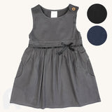 The Eco Outfitters organic and fair trade cotton school pinafore dress in grey with a bow detail, along with other colour swatches.