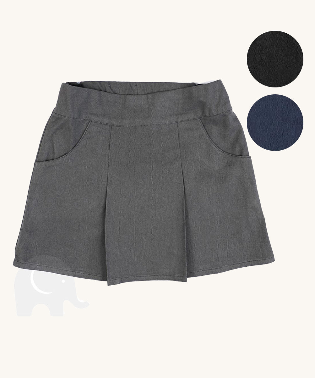 The Eco Outfitters organic cotton school pleated skirt in grey, with two colour swatch options.