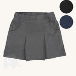 The Eco Outfitters organic cotton school pleated skirt in grey, with two colour swatch options.