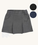 The Eco Outfitters organic cotton school pleated skirt in grey, with two colour swatch options.