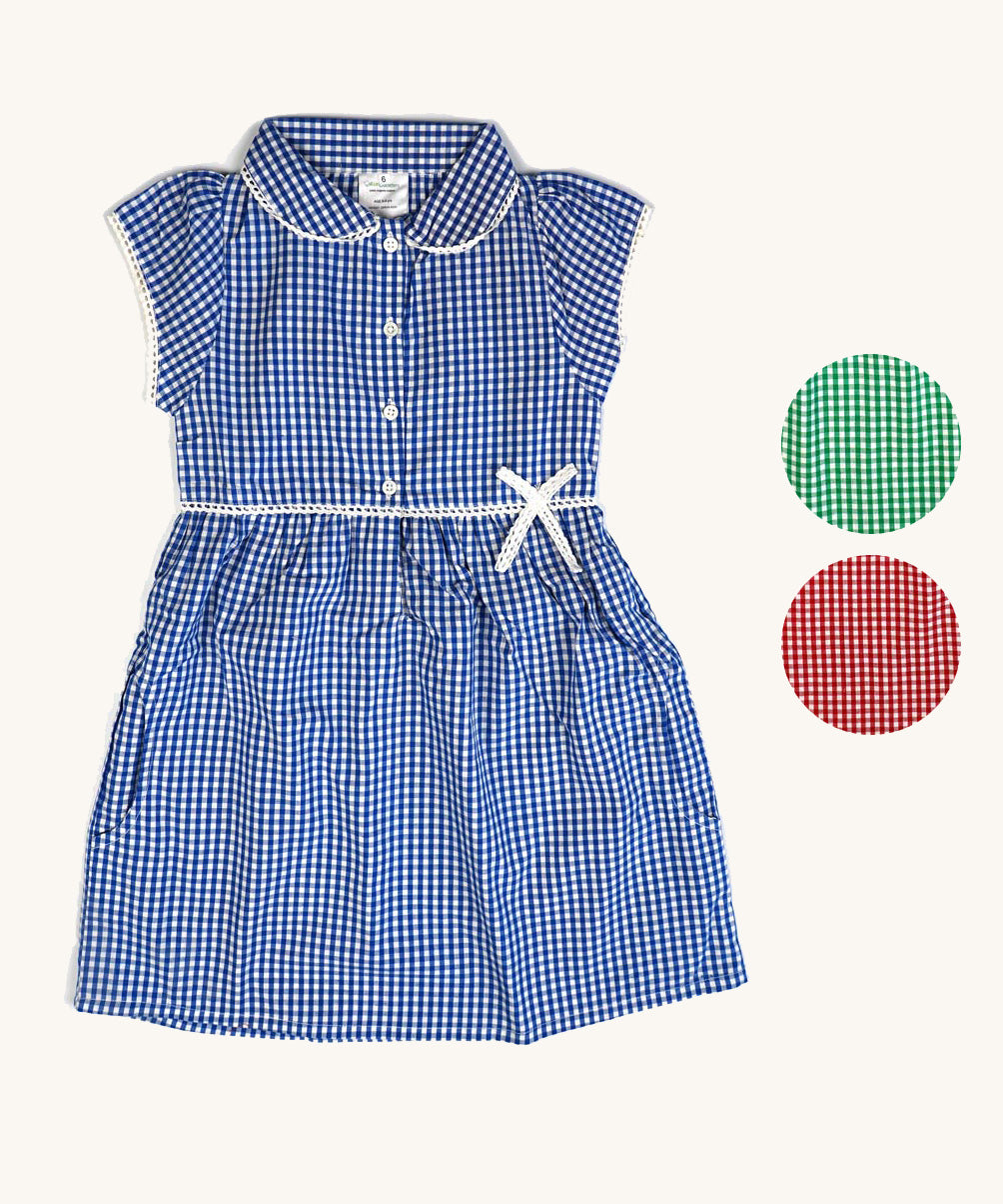 The Eco Outfitters gingham school summer dress in blue, with two alternative colour swatches, green and red.