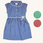 The Eco Outfitters gingham school summer dress in blue, with two alternative colour swatches, green and red.