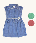 The Eco Outfitters gingham school summer dress in blue, with two alternative colour swatches, green and red.