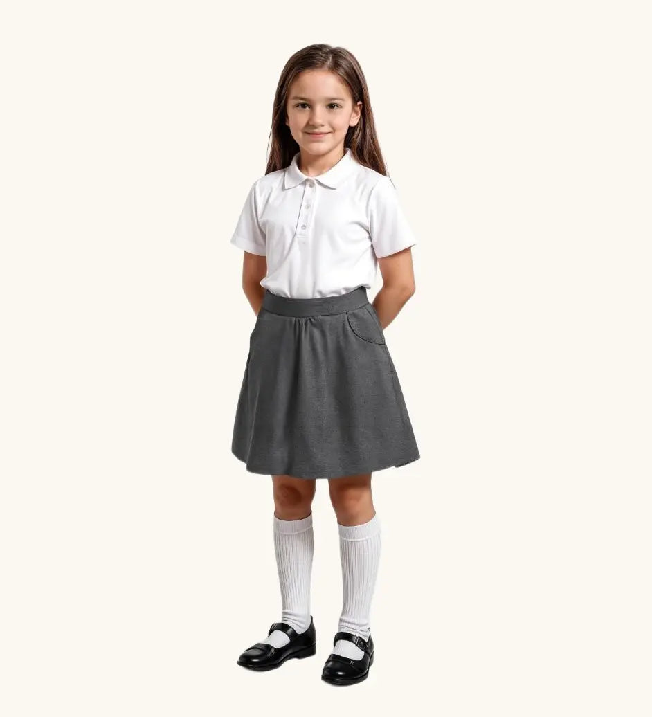 Eco Outfitters grey school jersey skirt being worn with a white polo shirt.