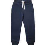 The Eco Outfitters organic cotton jogger trousers for PE, in navy with a white drawstring cord.