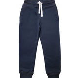 The Eco Outfitters organic cotton jogger trousers for PE, in navy with a white drawstring cord.