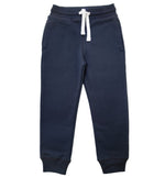 The Eco Outfitters organic cotton jogger trousers for PE, in navy with a white drawstring cord.