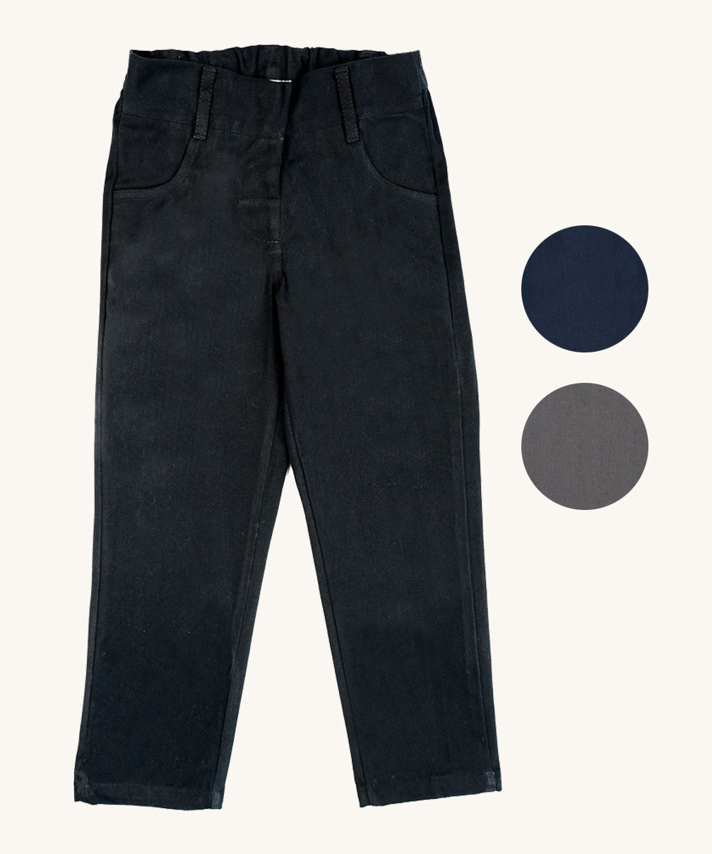 The Eco Outfitters organic and fair trade cotton girls school trousers in black.