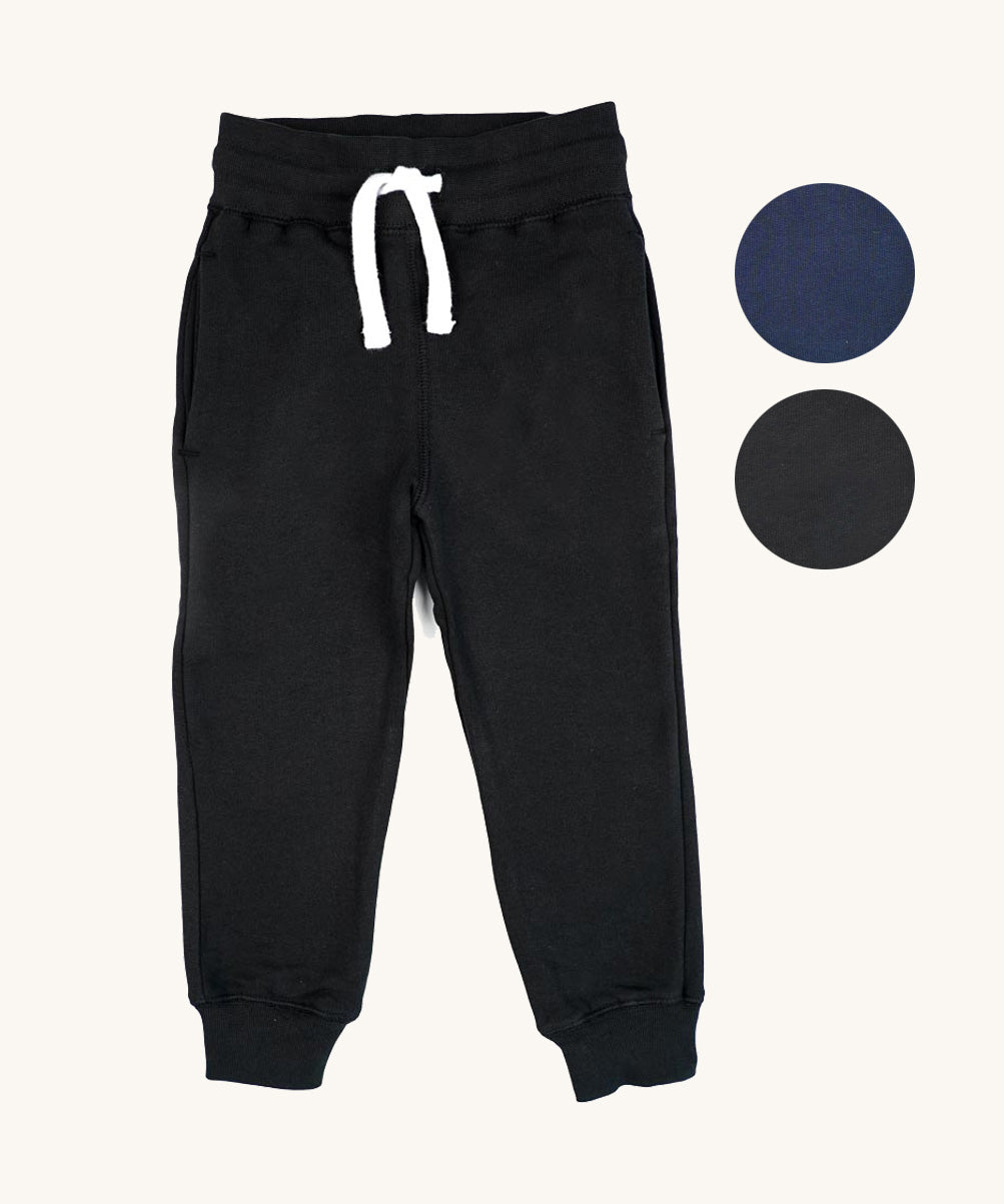 The Eco Outfitters organic cotton jogger trousers for PE, in black with a white drawstring cord.