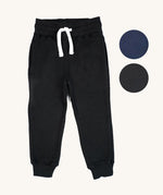 The Eco Outfitters organic cotton jogger trousers for PE, in black with a white drawstring cord.