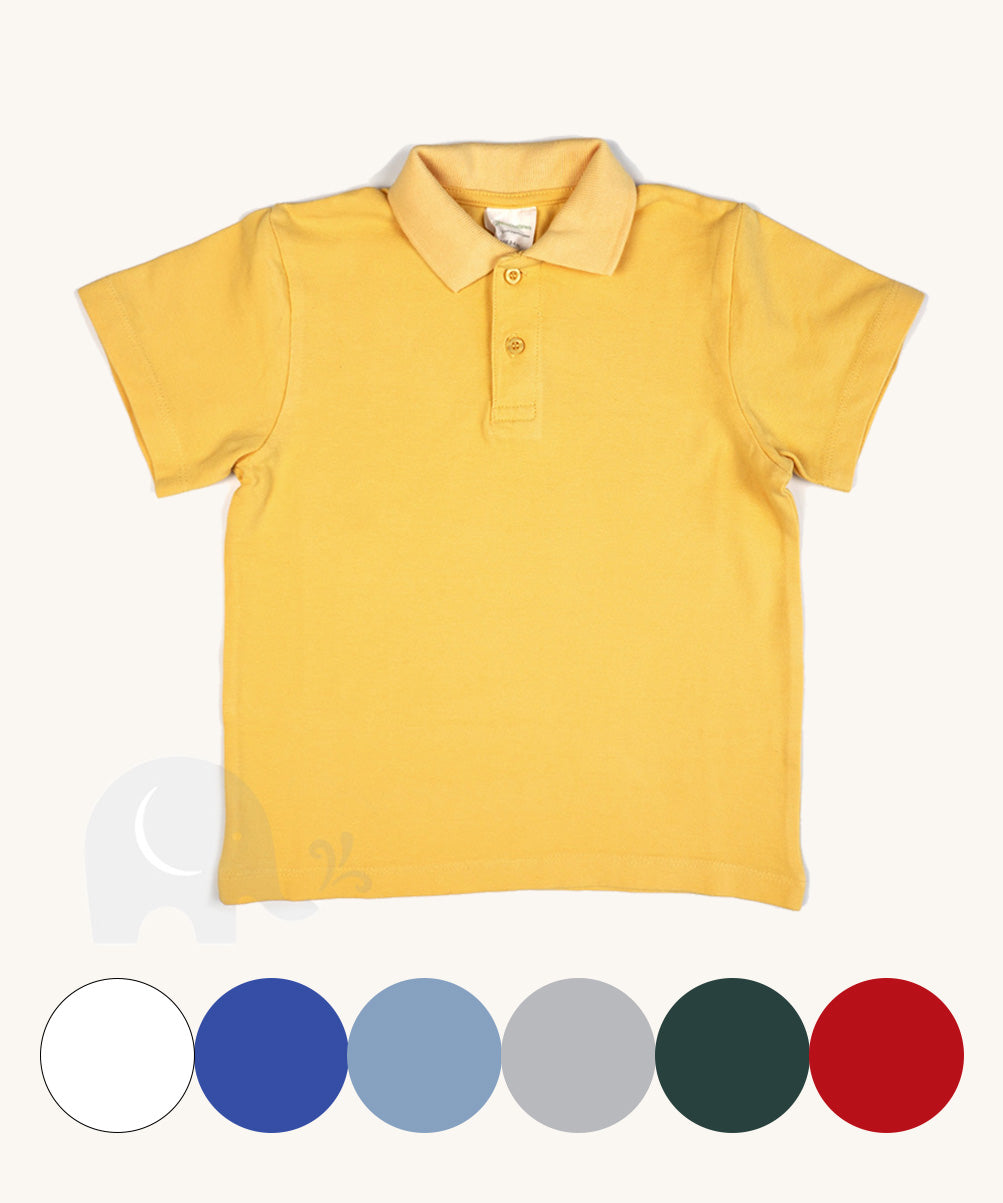 The Eco Outfitters organic cotton school polo shirt, in yellow with other colour swatches available.