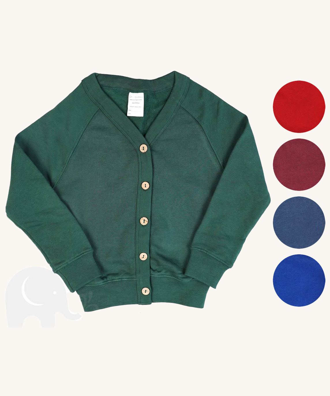 The Eco Outfitters organic cotton school cardigan in bottle green, along with the other colour swatches available.