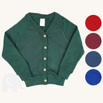 The Eco Outfitters organic cotton school cardigan in bottle green, along with the other colour swatches available.